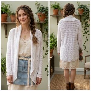 Guess L Y2K Cottagecore Boho Chic Beach Open Waterfall Pointelle Knit Cardigan